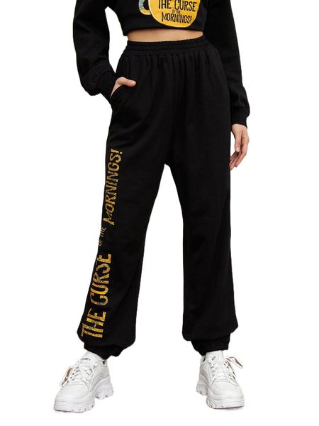 

x ppmid slogan graphic elastic waist sweatpants m5sy#, Black;white