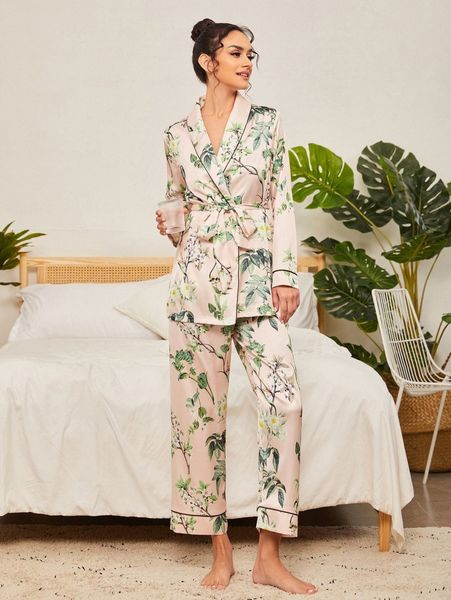 

tropical print contrast piping belted robe & pants pj set h9dh#, Black;red