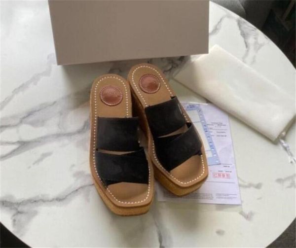 

2022 woody platform slipper thick bottom mule slides designer shoes women canvas print embroidered slipper black white leather flip flops