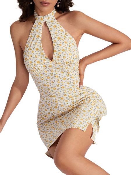 

ditsy floral halter neck backless slit hem bodycon dress 3277#, Black;gray