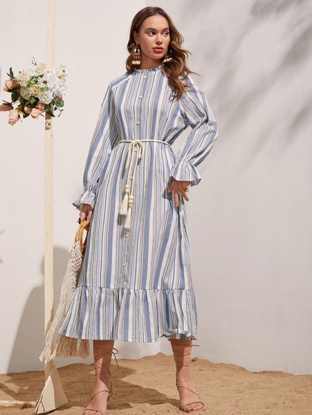 

striped bell sleeve ruffle hem tassel belted dress l13i#, Black;gray