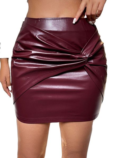 

high waist twist front patent skirt b4ig#, Black