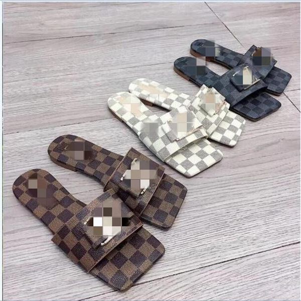 

designer summer beach slippers fashion women lazy low heeled flops leather letters lady cartoon slippers luxury metal ladies slipp294g, Black