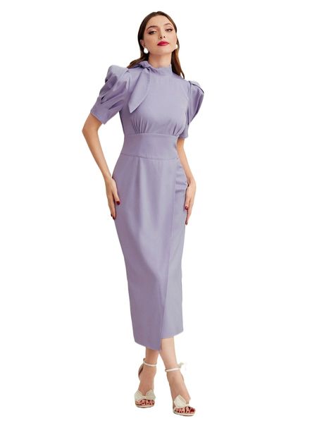 

tie neck puff sleeve dress b8pb#, Black;gray