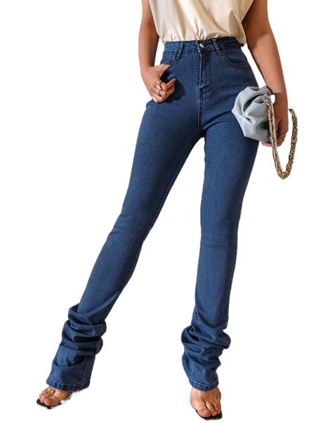 

glamaker high waist denim stacked pants a7jm#, Blue