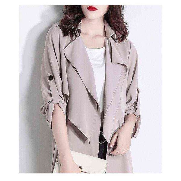 

women's trench coats casual chiffon loose women spring coat 2021 roll-up sleeve windbreaker long summer jaqueta feminina thin drape f48, Tan;black