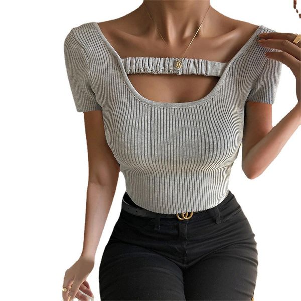 

women's t-shirt hirigin summer u neck ribbed knitted blouse pullover women casual short sleeve solid shirt slim fit streetwear blusa mu, White