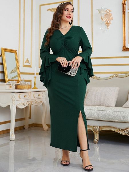 

plus trumpet sleeve ruched slit hem dress 92hc#, Black