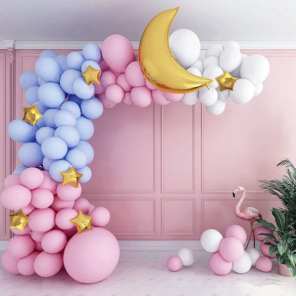 Mond Blau Rosa Ballonkette Dekorationen Girlande Bogen Kits Weißgold Folie Stern Geschlecht Babyparty Ballon Partyzubehör MJ0711