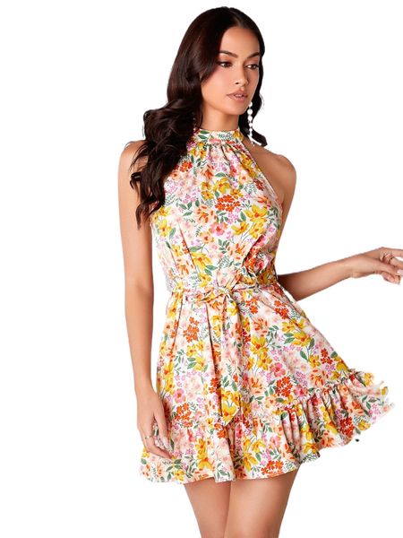

allover floral print halter neck ruffle hem belted dress u3t2#, Black;gray