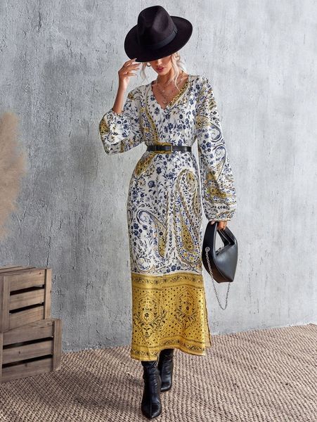 

paisley & floral print bishop sleeve dress without belt m8sr#, Black;gray