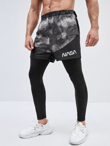 

men letter graphic 2 in 1 sports pants & towel loop g7xv#, Black