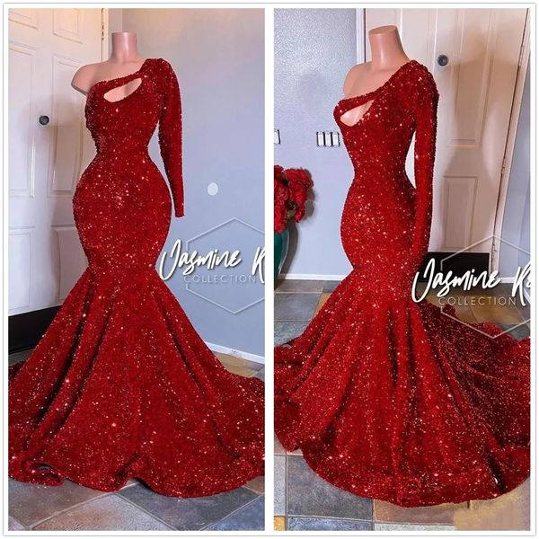 

red one shoulder sequins mermaid long prom dresses sparking long sleeves ruched evening gown plus size formal party wear gowns bc3613, Black
