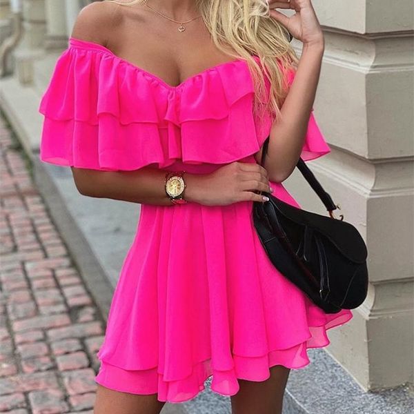 

off shoulder ruffle dres solid casual summer mini elegant dress 220613, Black;gray