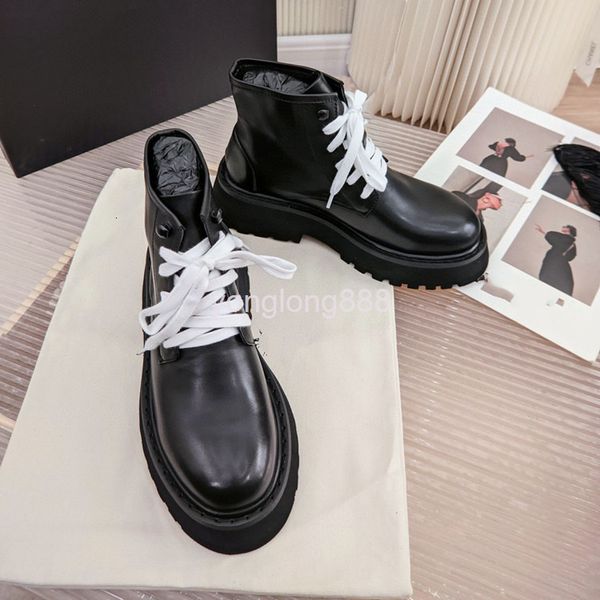 

boots high end quality women's boots autumn winter leather british strap martin thick soled short single, Black