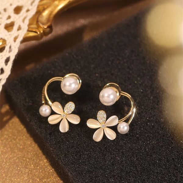 

earrings new s925 silver needle light and luxurious design opal flower earrings small fresh temperament two before after wearing, Golden;silver