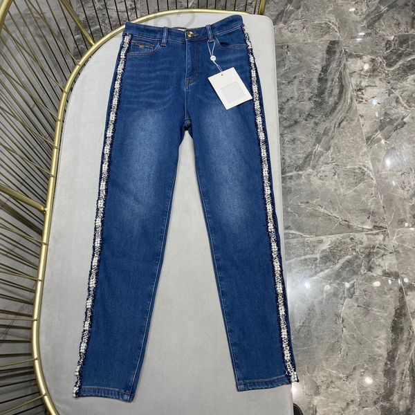 

women's jeans designer chaopai xiaoxiangfeng ribbon handmade pearl decorative denim plush trousers pzhd2022, Blue