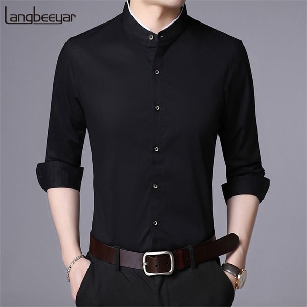 Moda marca camisa homens manga manga longa manga longa fit algodão outono preto coreano vestido casual roupas 220322