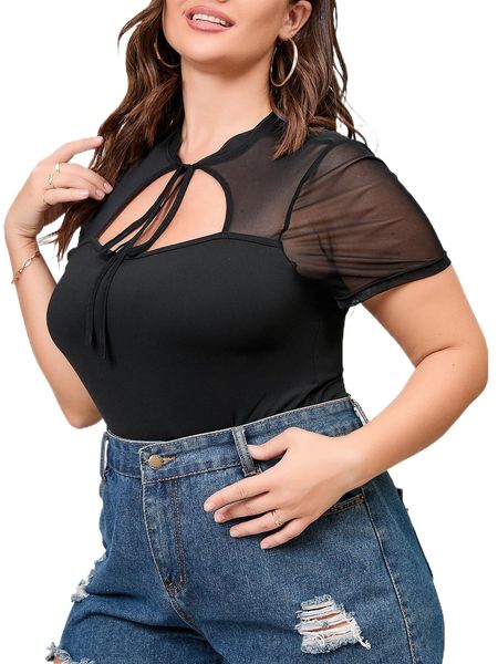 

plus contrast mesh tie front bodysuit w9sp#, Black