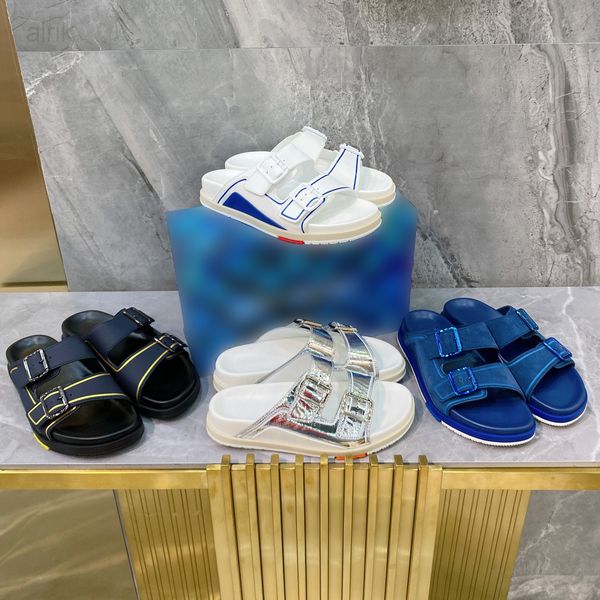 

luxury designer trainer sandals lightweight comfortable style blue buckles sliver leather beach silppers, Black