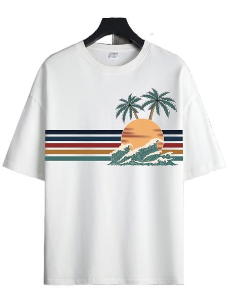 

men block striped & palm tree print tee 205n#, White;black