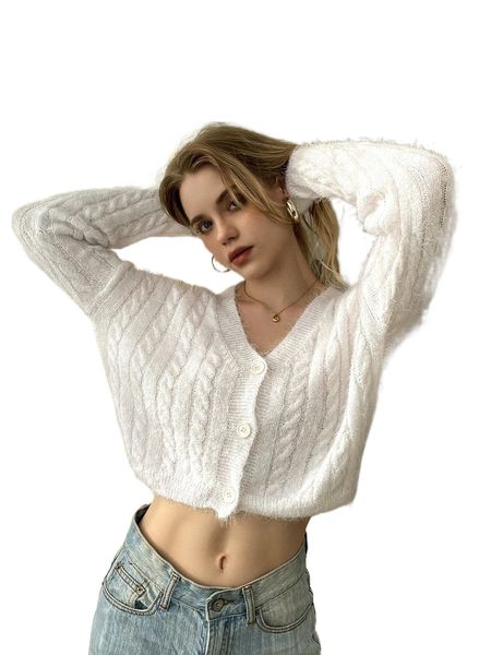 

cable knit drop shoulder fuzzy cardigan a4kc#, White;black