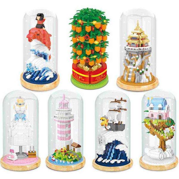 Assemblaggio Building Block Model Toy Lighthouse Micro Diamond Small Particle Con coperchio trasparente Display Tree LED Light Gift Box AA220317