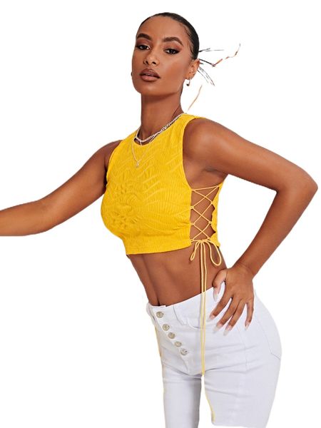

lace up side textured crop tank c6ml#, White