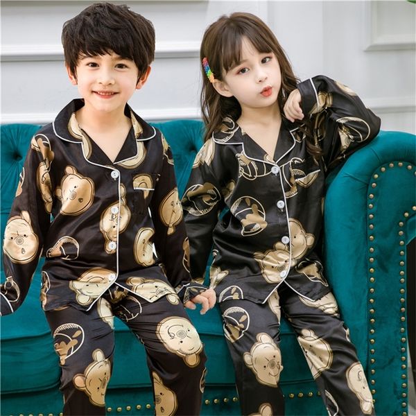 Столовая пижама для девочек Весенняя осенняя детская шелковая пижама для мальчиков с длинными рукавами костюма для сна Дети пижамы 3 6 9 12 14 лет 220706