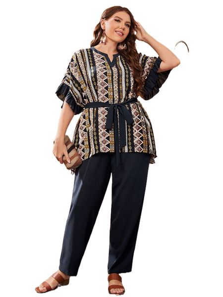 

plus argyle print belted & pants set 552r#, Black