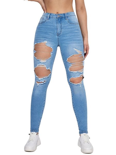 

high waisted ripped skinny jeans s25j#, Blue