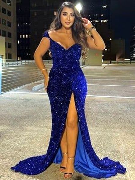 

glitter royal blue sequined mermaid prom dresses off shoulder leg side split long formal evening gowns shiny pageant special occasion dress, Black