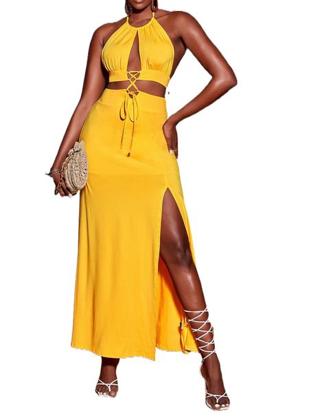 

lace up front cut out tie backless split thigh halter dress 59ra#, Black;gray