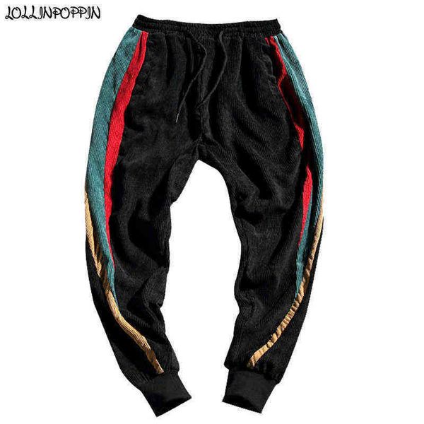 

men jeans men corduroy black jogger pants side three colour stripes elastic waist patchwork trousers hip hop streetwear joggers plus size 22
