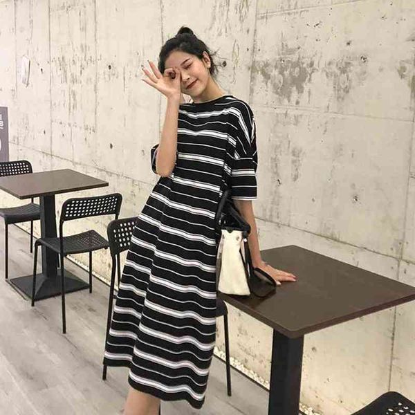 

fashion slim women girl streetwear o neck short sleeve casual striped t-shirt loose black dress l220705, Black;gray