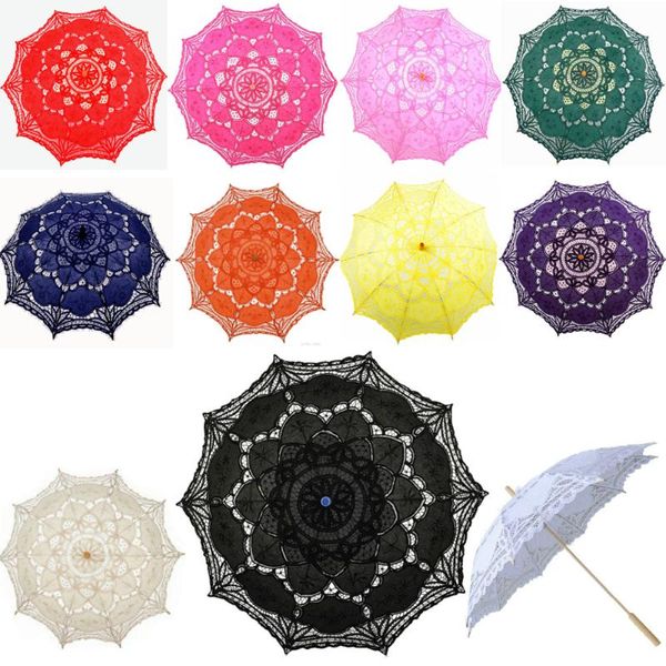 Decoração de festa renda de cravo de noiva Vintage Parasol Cotton Cotton Handmade Umbrella Modlen Handle Moda para Lady Casamento Pógrafo Decoratio