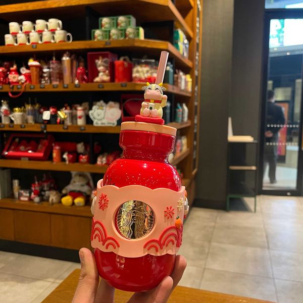

starbucks zhaocainiu straw cup year of the ox cup red ceramic water cup nameplate festive lovely large capacity