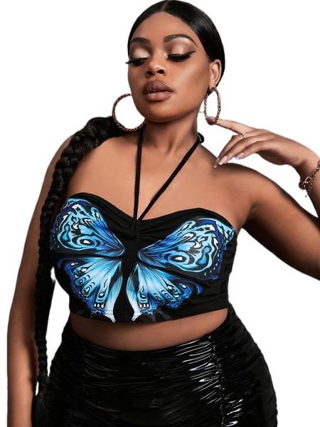 

sxy plus butterfly print ruched tie back halter 08vv#, Black