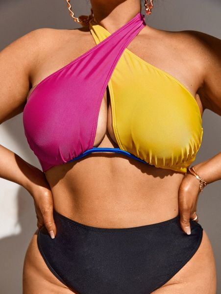 

plus colorblock halter push up bikini q6rg#, Black