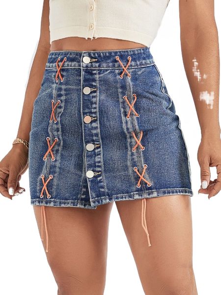 

lace up front grommet eyelet denim skirt p7wh#, Black