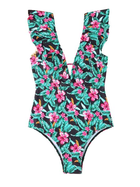 

random floral print ruffle trim plunging neck one piece swimsuit n7ep#, White;black
