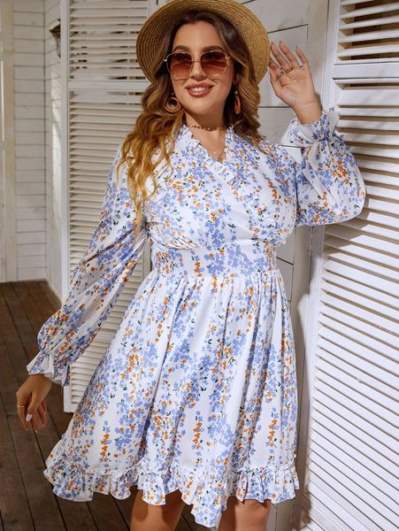 

plus ditsy floral flounce sleeve ruffle hem dress 52bw#, Black
