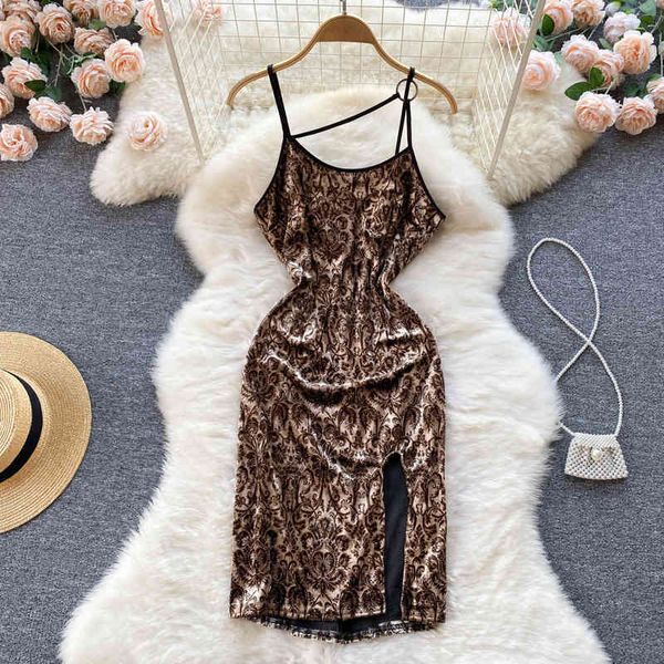 

casual dresses 2022 summer design sense leopard print niche split suspender slim dress pure skirt vhku, Black;gray