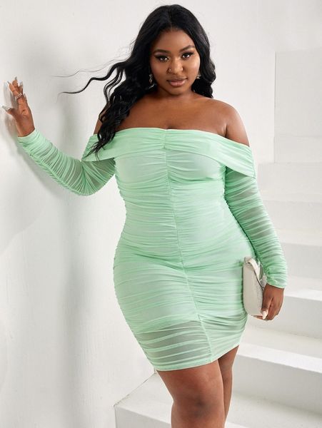 

sxy plus solid off the shoulder ruched bodycon dress e4eq#, Black