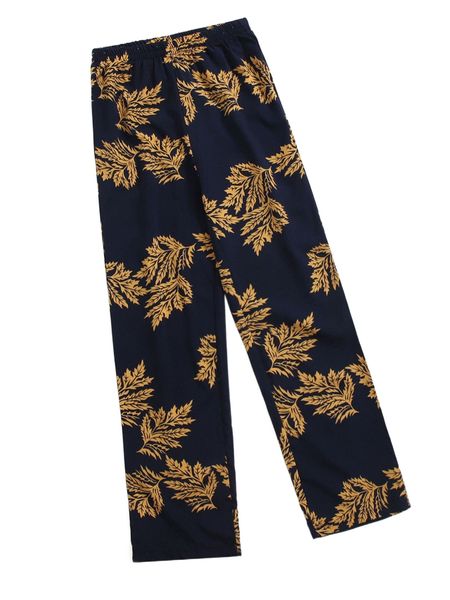 

plants print elastic waist pants i7dr#, Black;white