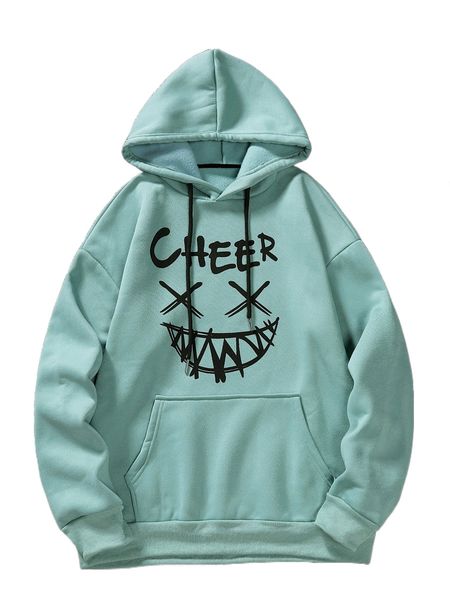 

men expression print kangaroo pocket drawstring thermal hoodie x8ie#, Black