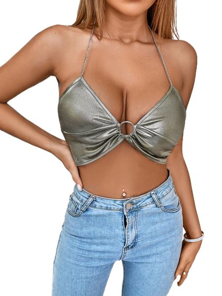 

chain detail metallic backless crop halter n7na#, White