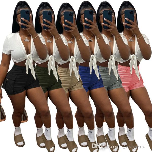 

womens shorts overalls high waist large pockets tight pants for girls street style wear clothing fashion, White;black