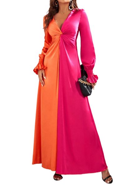 

twist front colorblock flounce sleeve dress e8ms#, Black;gray