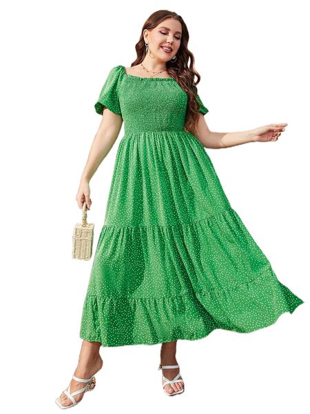 

plus polka dot puff sleeve shirred frilled ruffle hem dress w3oz#, Black